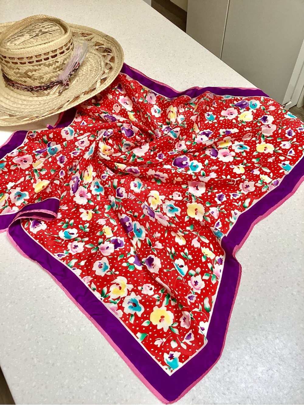 BILL BLASS Silk vintage Red Floral Scarf/wrap with Purple southwestern vibe